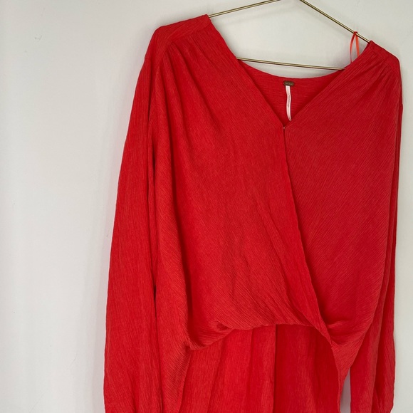 Free People S Red Gauzy Wrap Check On It Blouse Top - Picture 3 of 12